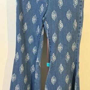 Free People Blue and White Flare Jeans with Paisley Pattern